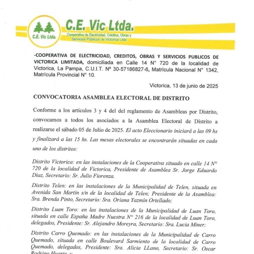CONVOCATORIA ASAMBLEA ELECTORAL DE DISTRITO CEVIC
