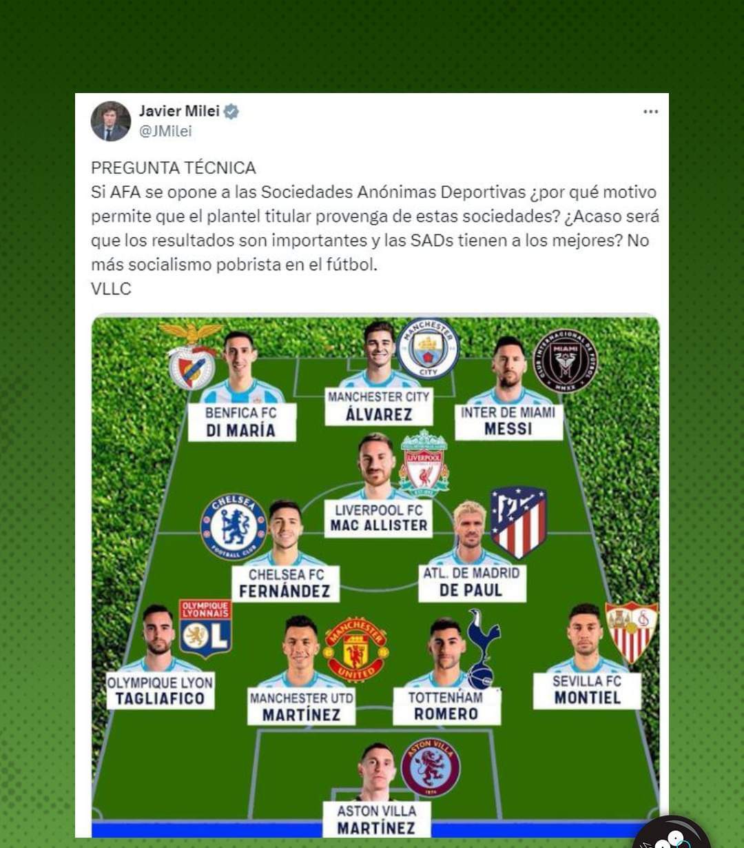 Argentina: Milei p&uacute;blico una pregunta t&eacute;cnica sobre la scaloneta y critico a la AFA