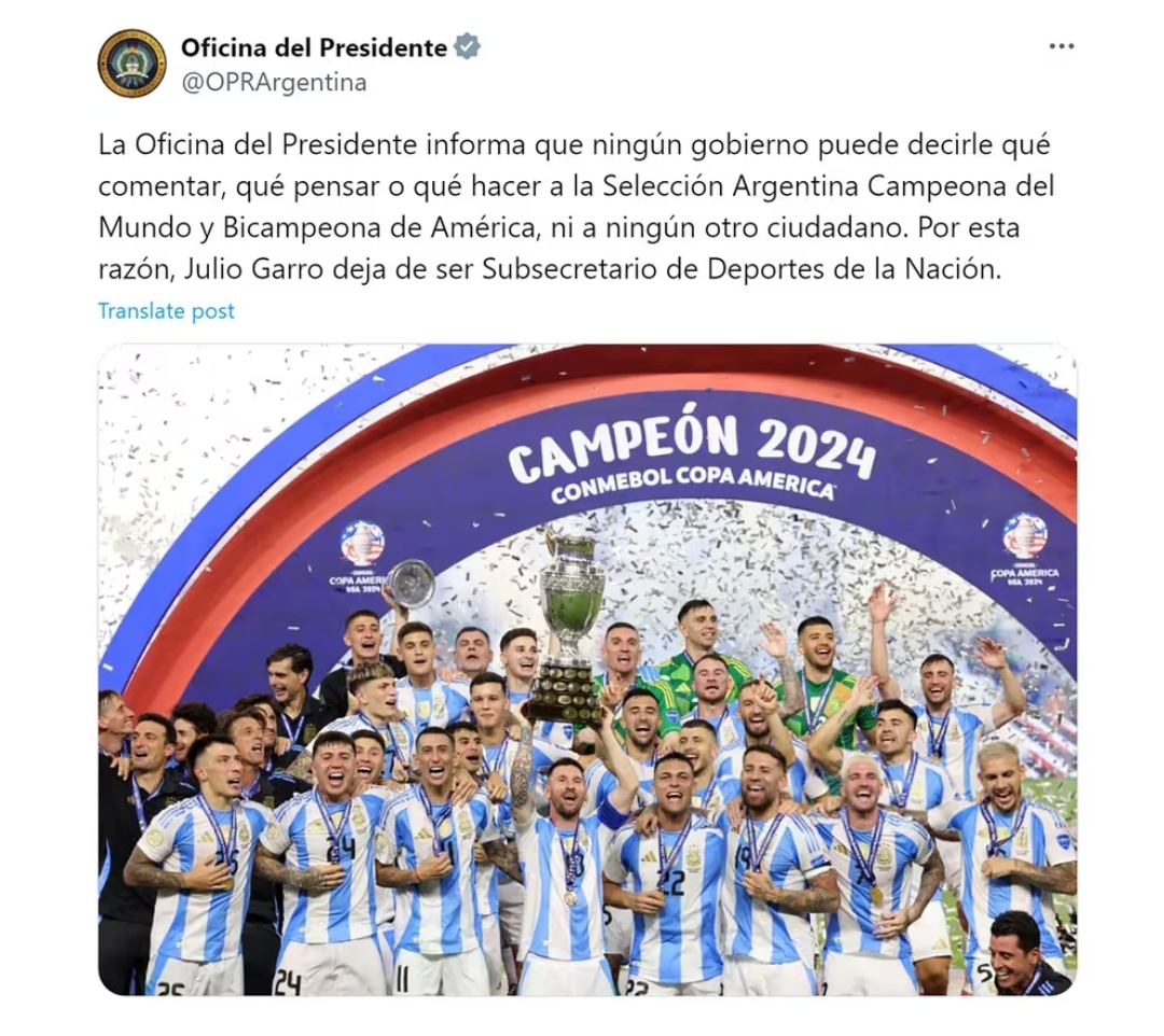 A Messi nadie lo cuestiona:El Gobierno ech&oacute; a Julio Garro por decir que Messi ten&iacute;a que pedir disculpas tras la pol&eacute;mica con Francia