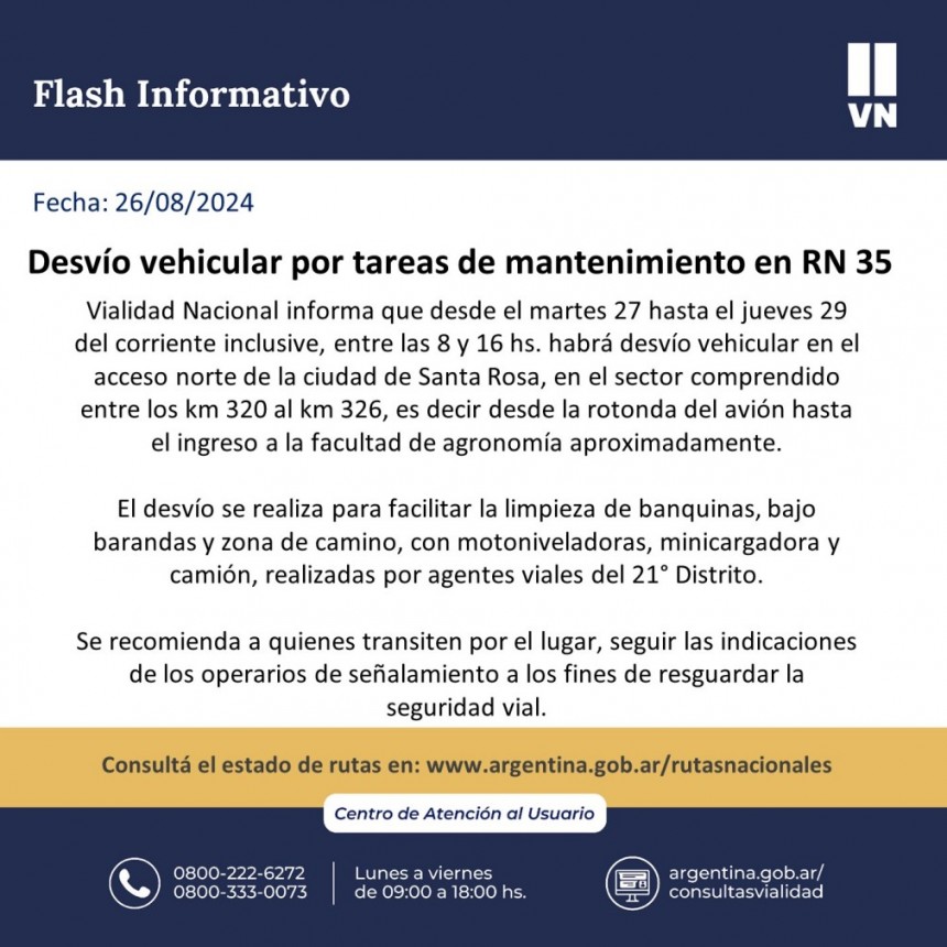 La Pampa: Vialidad Nacional informa desvi&oacute; vehicular en el ingreso a Santa Rosa por Ruta nacional 35