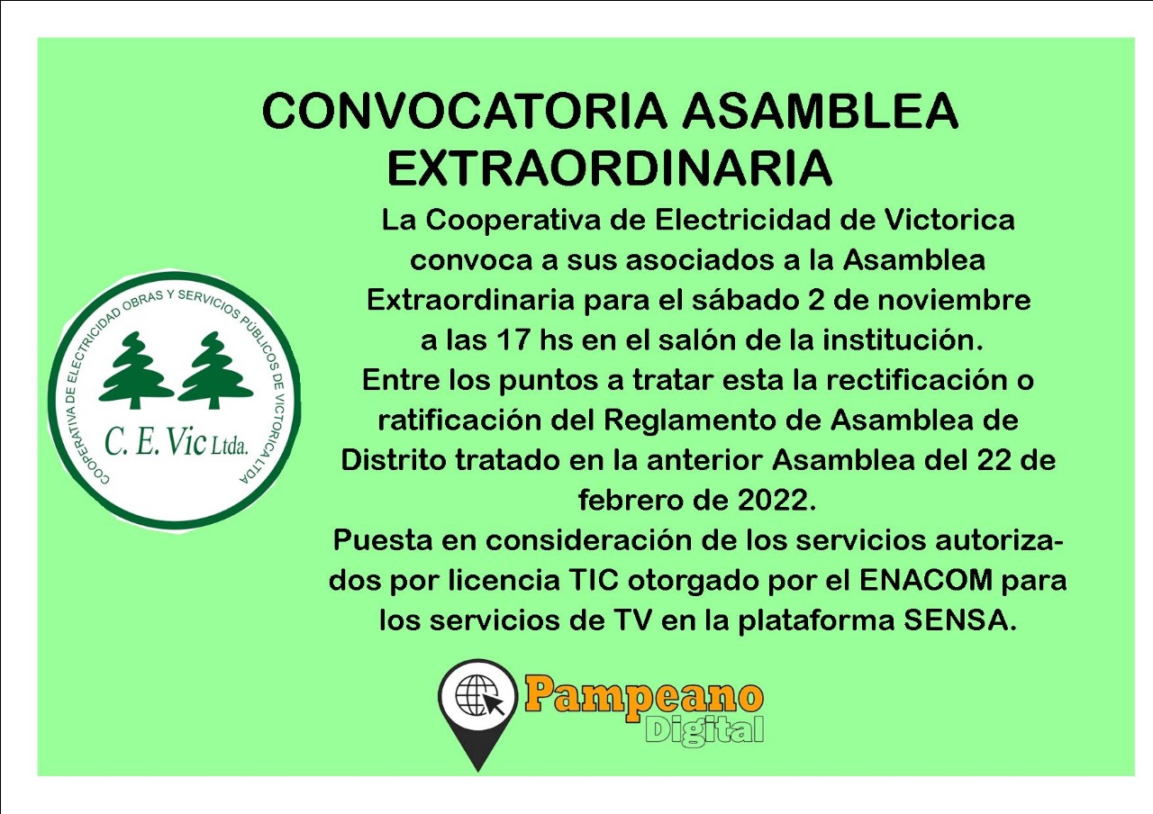 CONVOCATORIA ASAMBLEA EXTRAORDINARIA COOPERATIVA DE ELECTRICIDAD, CREDITOS, OBRAS Y SERVICIOS PUBLICOS DE VICTORICA LIMITADA